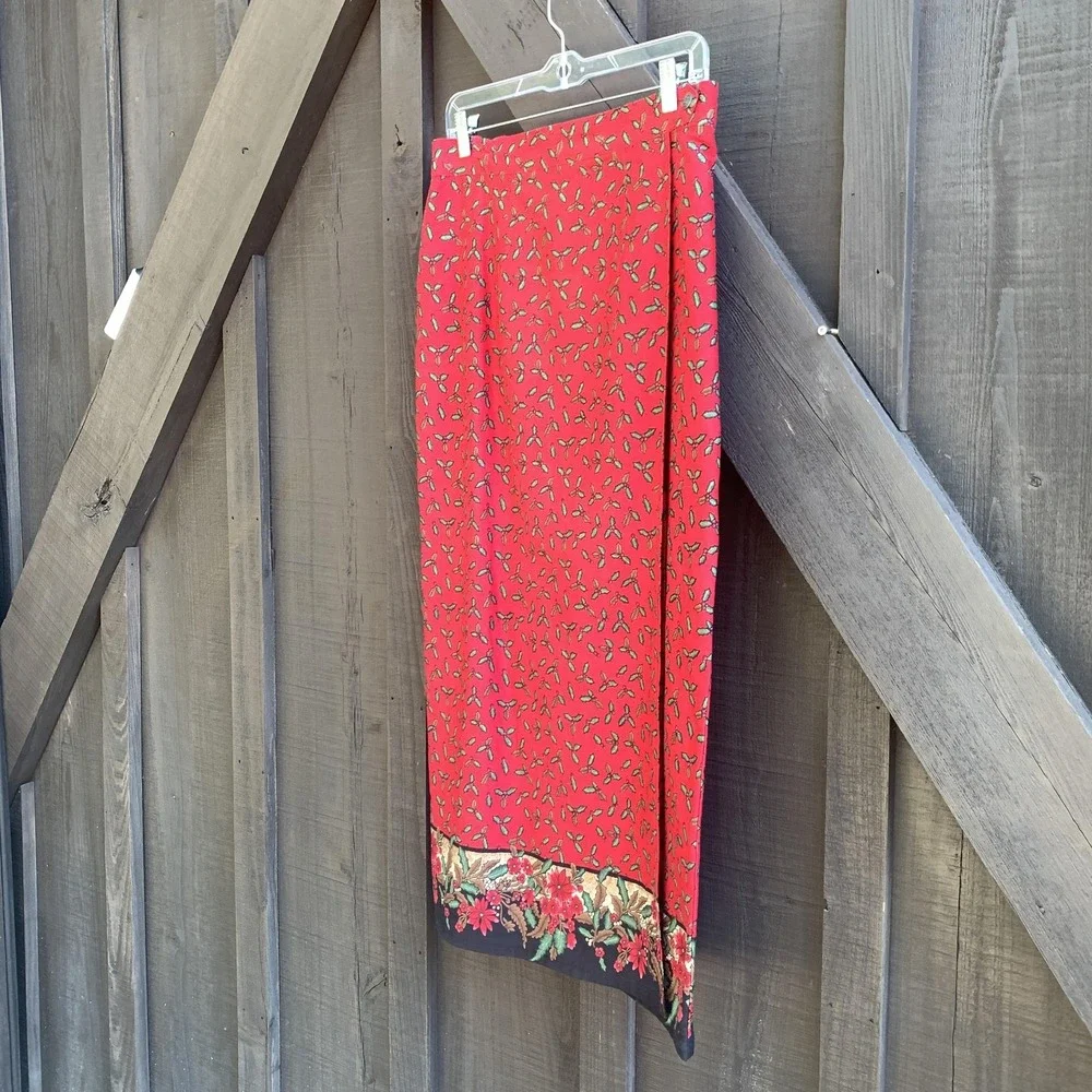 Sun River Skirt Womens Medium Red Christmas Holly Poinsettia Border Print Cotton